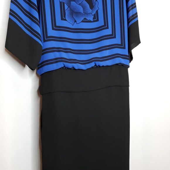 Vintage 80s Waisted Dress Sz 7/8 Blue Black Color Block Floral Rose Geometric - Picture 3 of 5